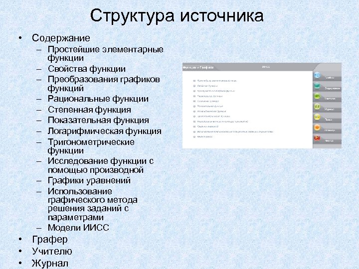 Структура источника • Содержание – Простейшие элементарные функции – Свойства функции – Преобразования графиков