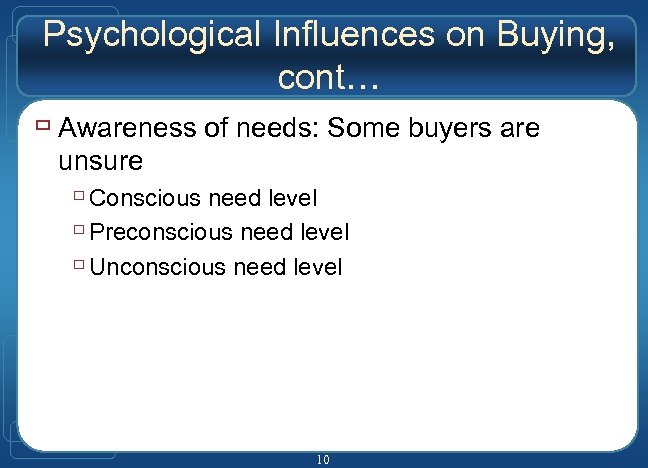 Psychological Influences on Buying, cont… ù Awareness of needs: Some buyers are unsure ù