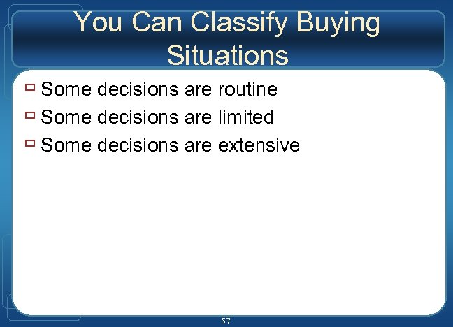 You Can Classify Buying Situations ù Some decisions are routine ù Some decisions are