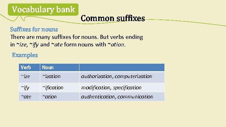 Vocabulary bank Common suffixes Suffixes for nouns There are many suffixes for nouns. But