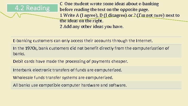 4. 2 Reading C One student wrote some ideas about e-banking before reading the