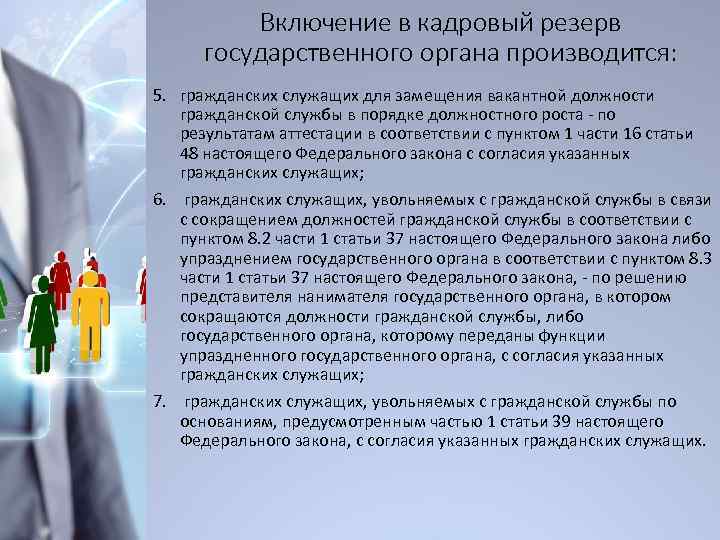 Включение в кадровый резерв государственного органа производится: 5. гражданских служащих для замещения вакантной должности