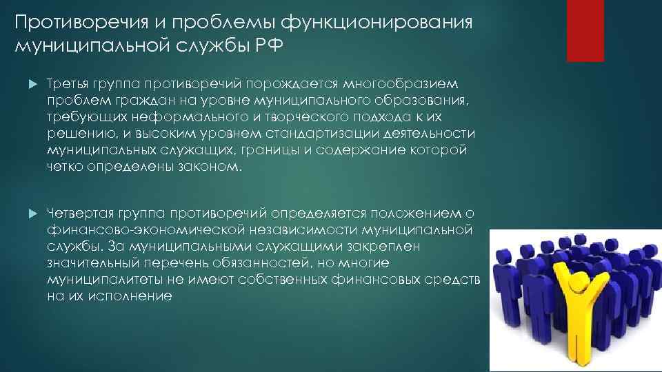 Противоречия и проблемы функционирования муниципальной службы РФ Третья группа противоречий порождается многообразием проблем граждан