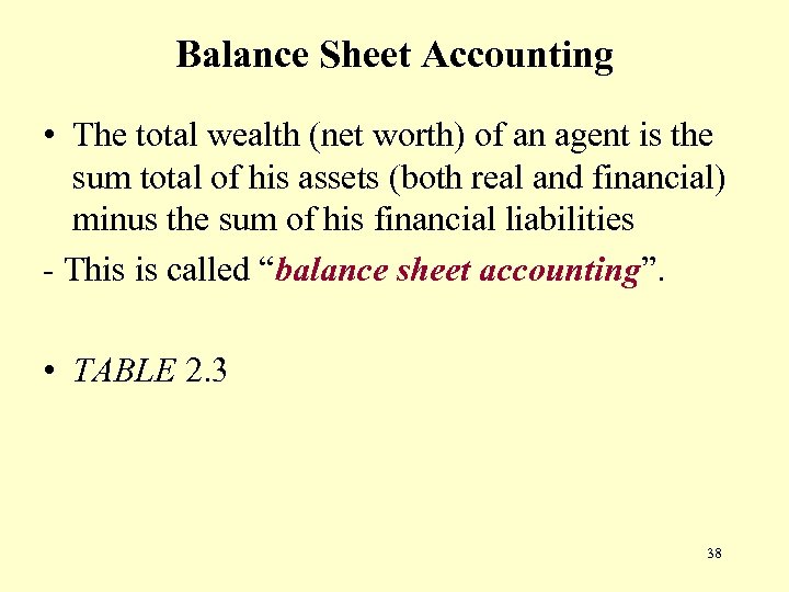 Balance Sheet Accounting • The total wealth (net worth) of an agent is the