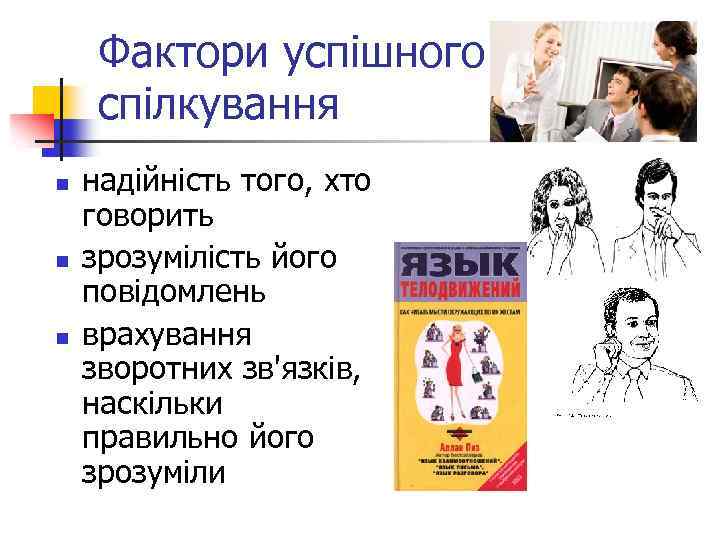Фактори успішного спілкування n n n надійність того, хто говорить зрозумілість його повідомлень врахування