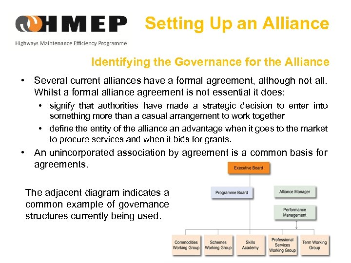 Setting Up an Alliance Identifying the Governance for the Alliance • Several current alliances