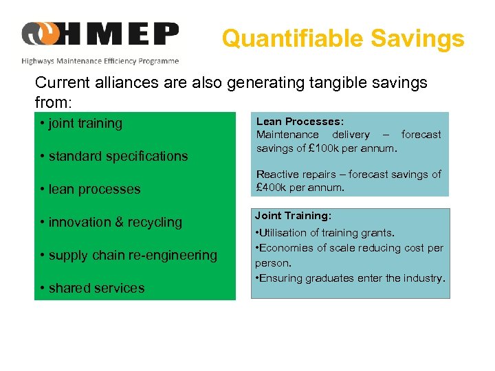 Quantifiable Savings Current alliances are also generating tangible savings from: • joint training •