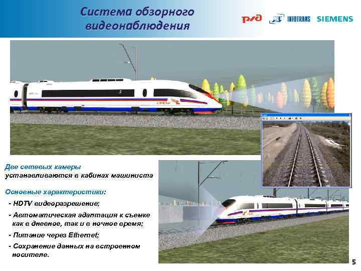 Система обзорного видеонаблюдения Две сетевых камеры устанавливаются в кабинах машиниста Основные характеристики: - HDTV