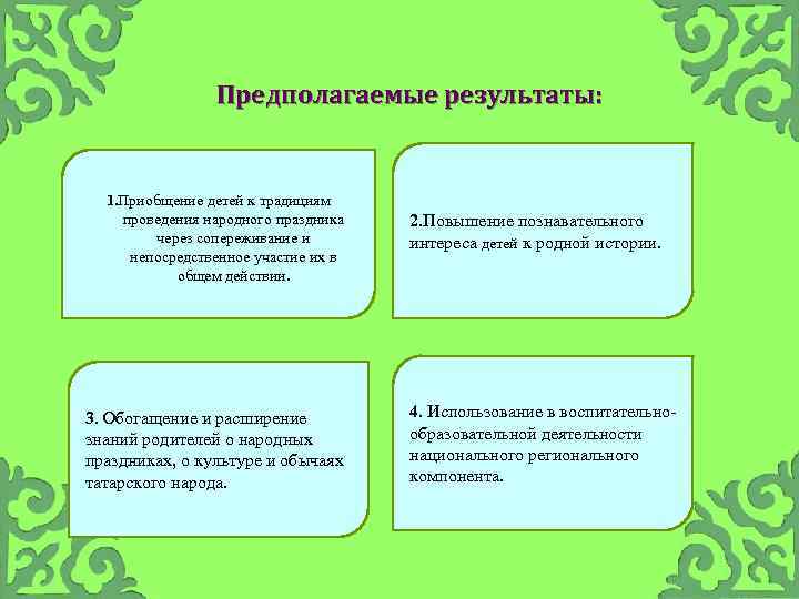 Предполагаемые результаты: 1. Приобщение детей к традициям проведения народного праздника через сопереживание и непосредственное