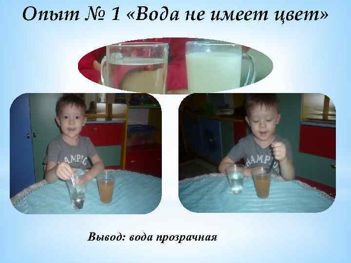 Опыт № 1 «Вода не имеет цвет» Вывод: вода прозрачная 