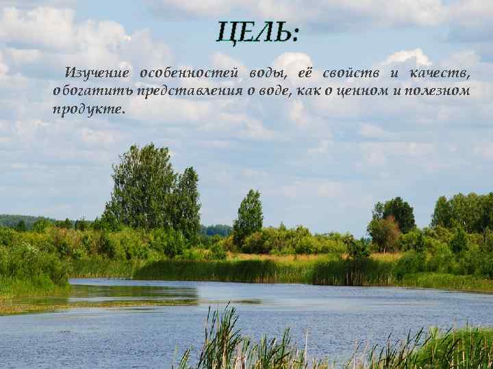ЦЕЛЬ: Изучение особенностей воды, её свойств и качеств, обогатить представления о воде, как о