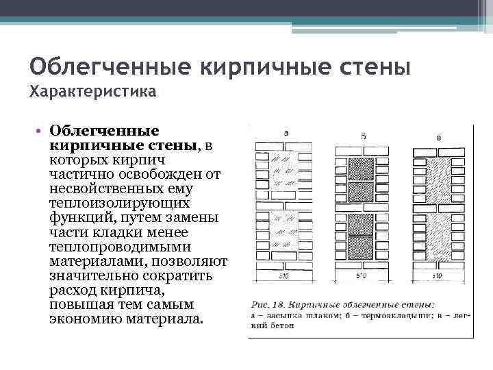 Облегченные кирпичные стены Характеристика • Облегченные кирпичные стены, в которых кирпич частично освобожден от