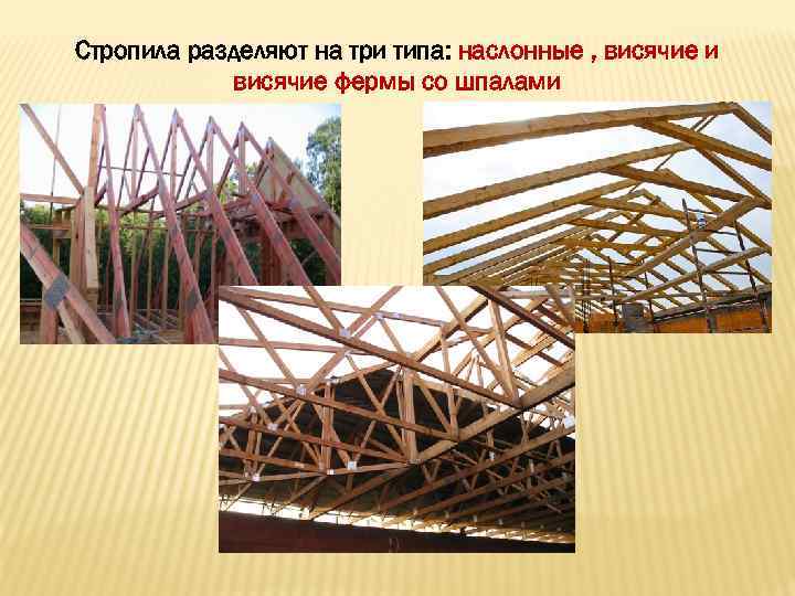 Стропила разделяют на три типа: наслонные , висячие и висячие фермы со шпалами 