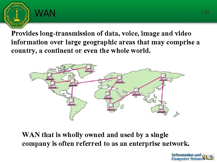 WAN Provides long-transmission of data, voice, image and video information over large geographic areas