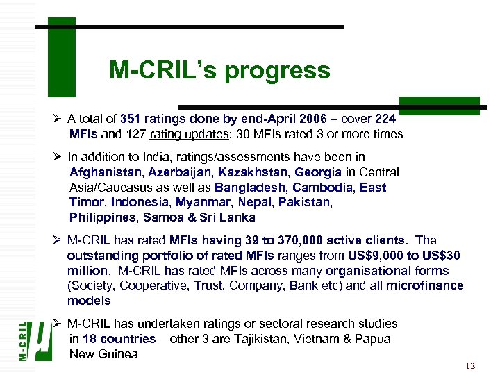 M-CRIL’s progress Ø A total of 351 ratings done by end-April 2006 – cover