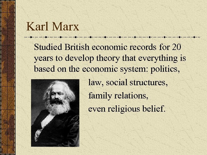 Karl Marx Studied British economic records for 20 years to develop theory that everything