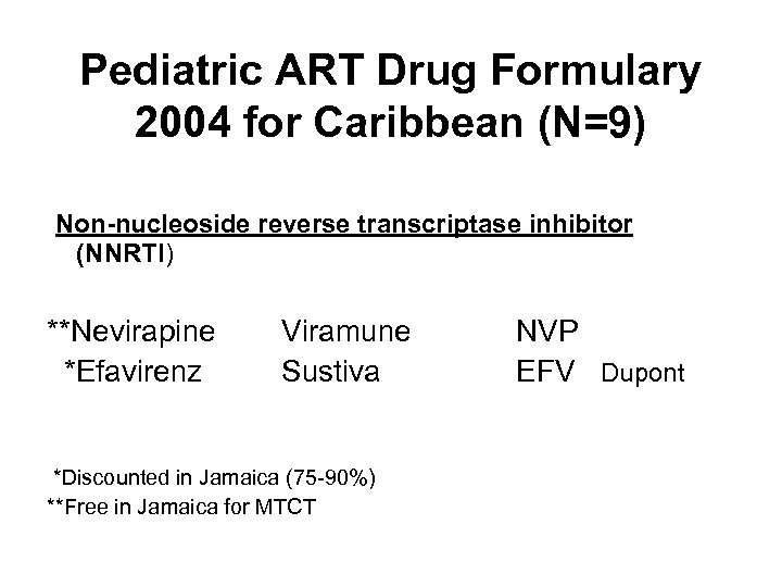 Pediatric ART Drug Formulary 2004 for Caribbean (N=9) Non-nucleoside reverse transcriptase inhibitor (NNRTI) **Nevirapine