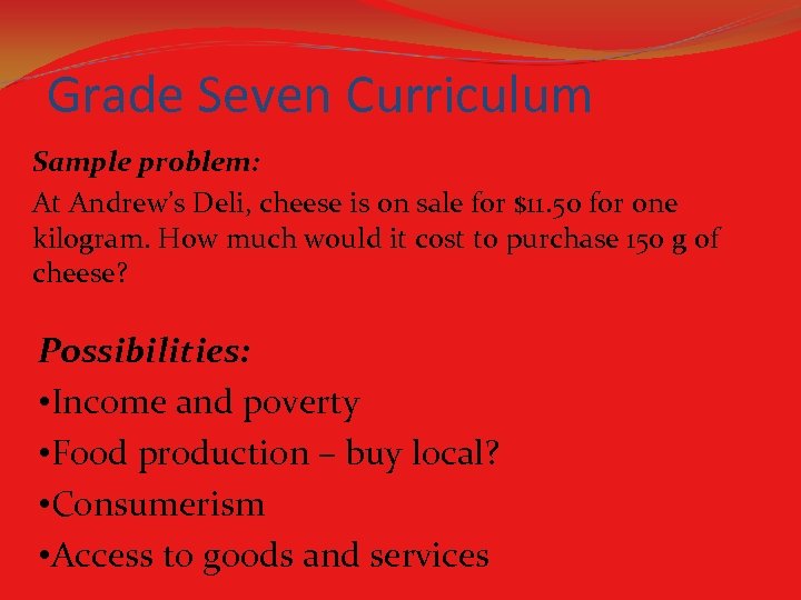 Grade Seven Curriculum Sample problem: At Andrew’s Deli, cheese is on sale for $11.