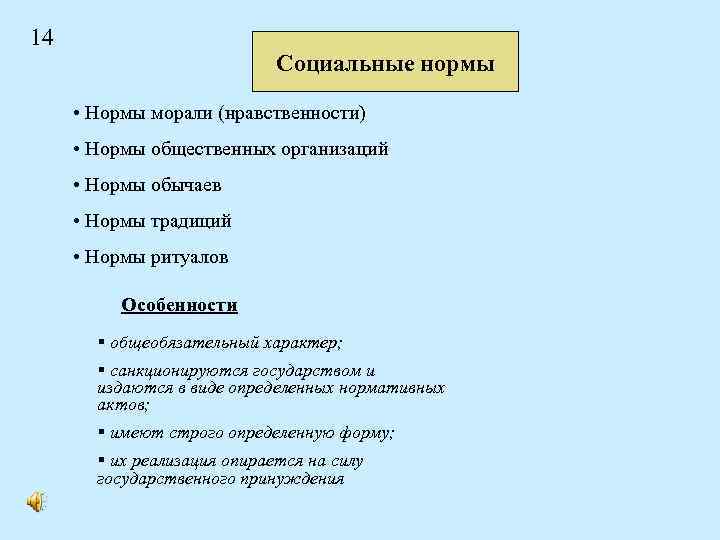 14 Социальные нормы • Нормы морали (нравственности) • Нормы общественных организаций • Нормы обычаев