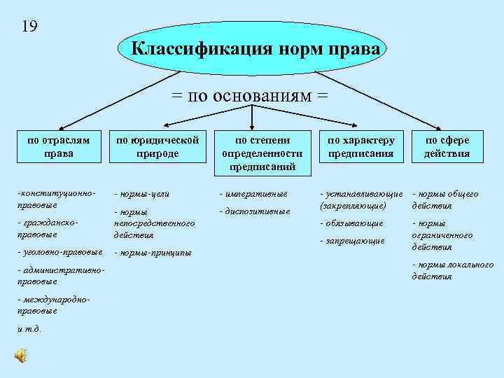 19 Классификация норм права = по основаниям = по отраслям права по юридической природе