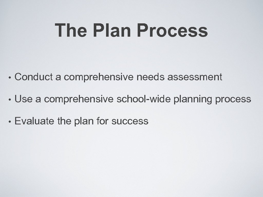 The Plan Process • Conduct a comprehensive needs assessment • Use a comprehensive school-wide