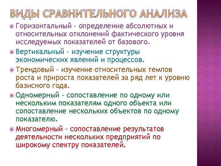 Горизонтальный - определение абсолютных и относительных отклонений фактического уровня исследуемых показателей от базового. Вертикальный