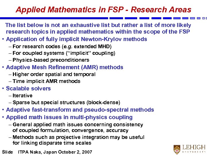 Applied Mathematics in FSP - Research Areas The list below is not an exhaustive