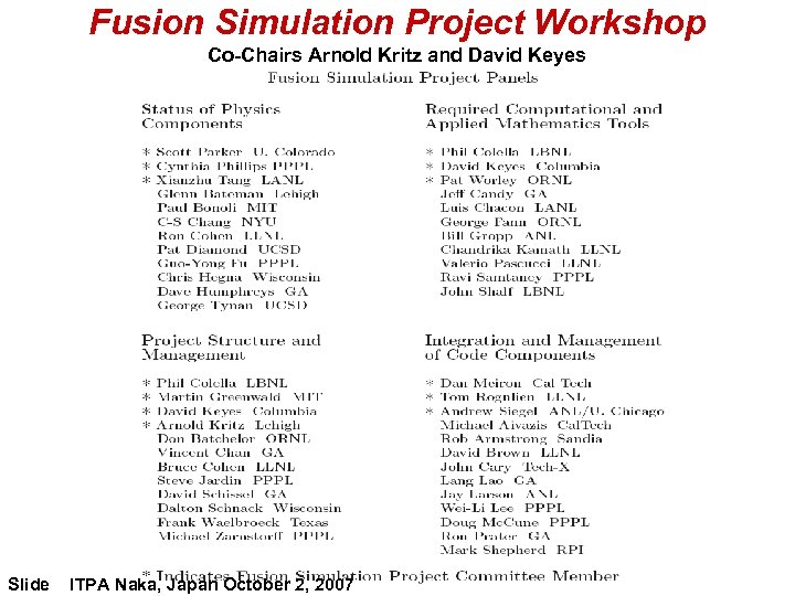 Fusion Simulation Project Workshop Co-Chairs Arnold Kritz and David Keyes Slide ITPA Naka, Japan