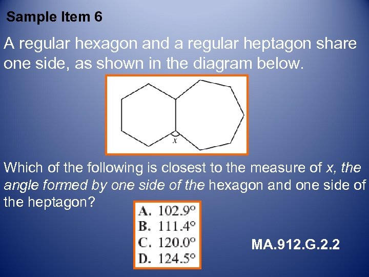 Sample Item 6 A regular hexagon and a regular heptagon share one side, as