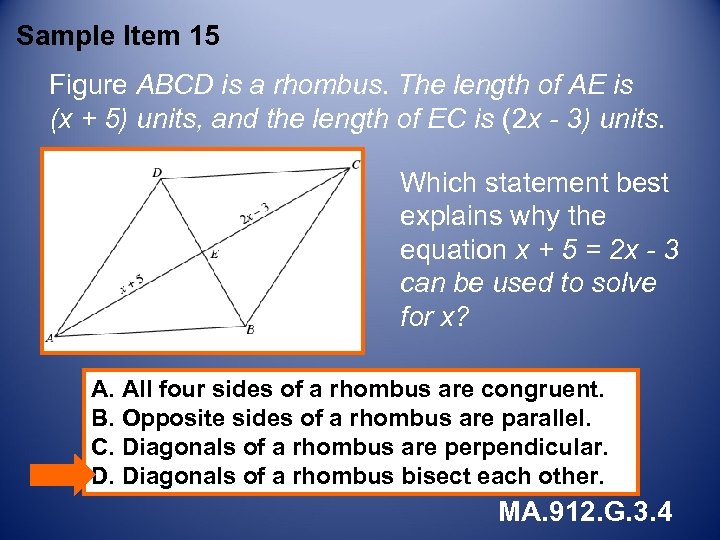 Sample Item 15 Figure ABCD is a rhombus. The length of AE is (x