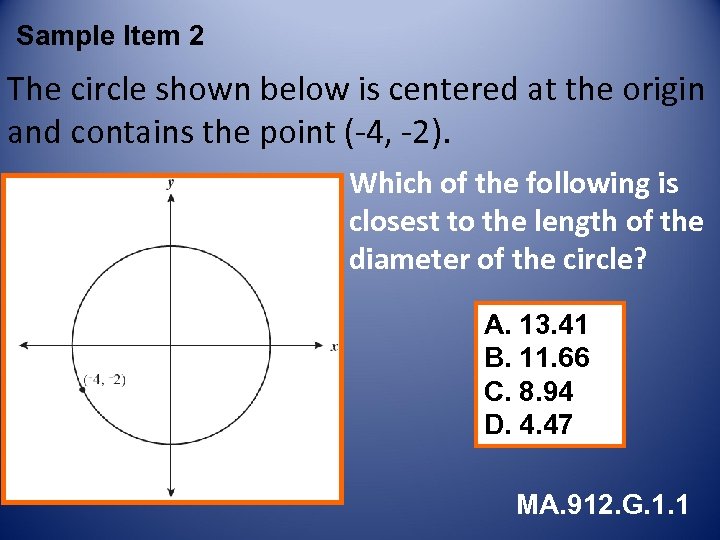 Sample Item 2 The circle shown below is centered at the origin and contains