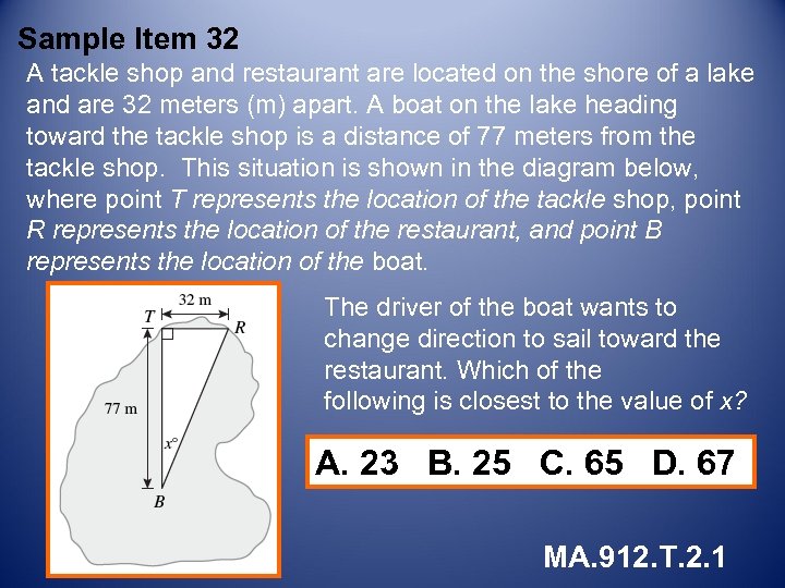 Sample Item 32 A tackle shop and restaurant are located on the shore of