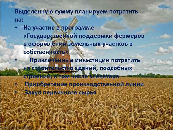 Выделенную сумму планируем потратить на: • На участие в программе «Государственной поддержки фермеров в