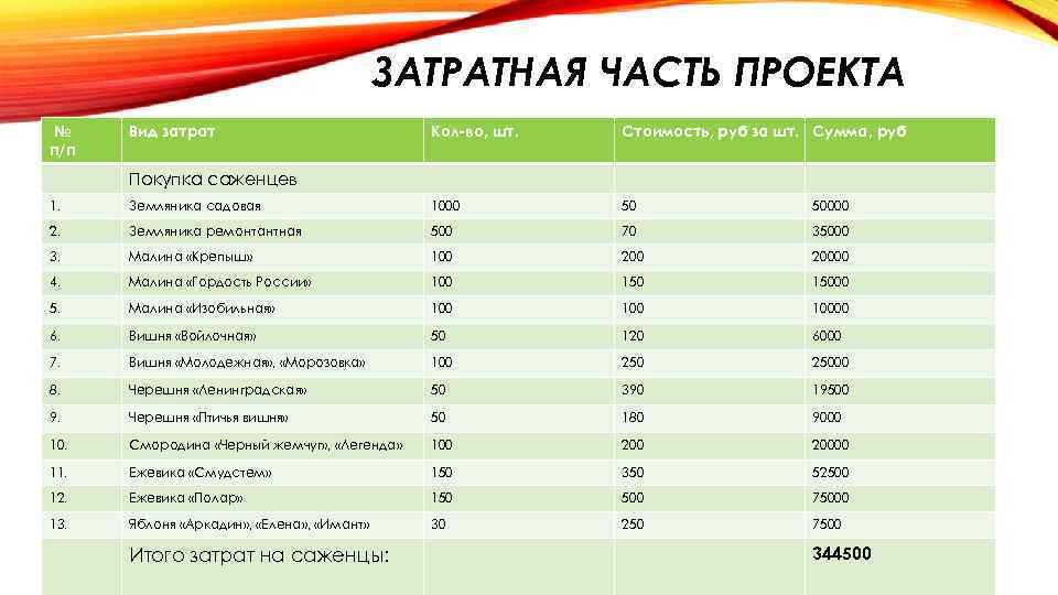 ЗАТРАТНАЯ ЧАСТЬ ПРОЕКТА № п/п Вид затрат Кол-во, шт. Стоимость, руб за шт. Сумма,