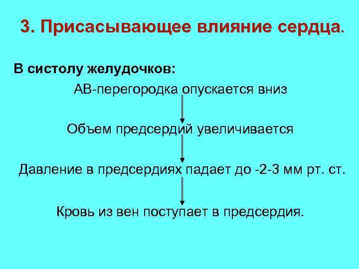 3. Присасывающее влияние сердца. В систолу желудочков: АВ-перегородка опускается вниз Объем предсердий увеличивается Давление