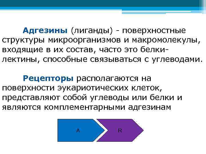 Адгезины (лиганды) - поверхностные структуры микроорганизмов и макромолекулы, входящие в их состав, часто это