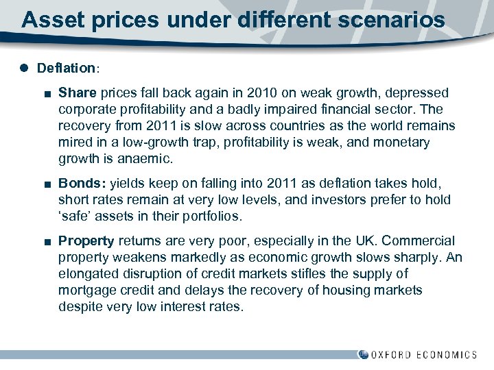 Asset prices under different scenarios l Deflation: ■ Share prices fall back again in