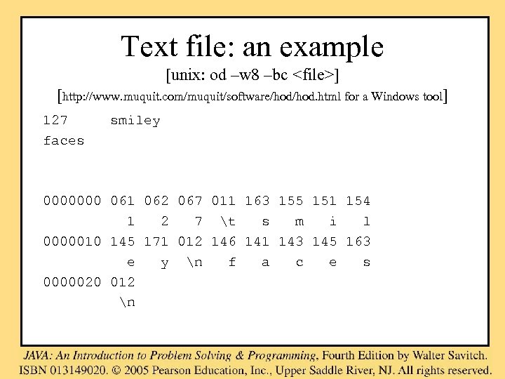 Text file: an example [unix: od –w 8 –bc <file>] [http: //www. muquit. com/muquit/software/hod.