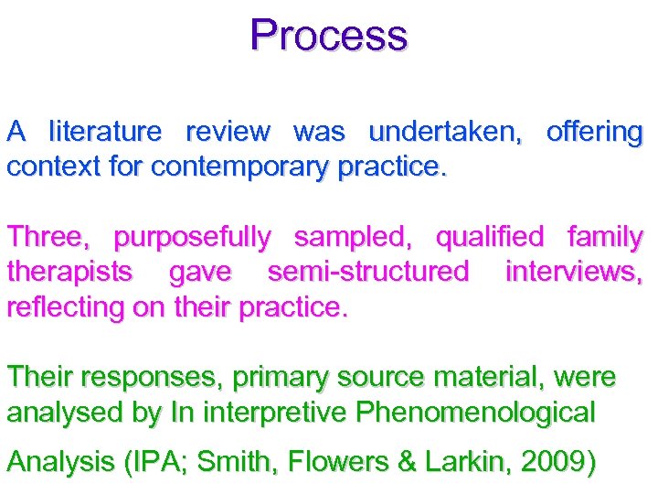 Process A literature review was undertaken, offering context for contemporary practice. Three, purposefully sampled,