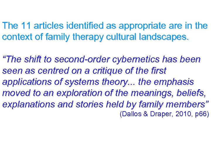 The 11 articles identified as appropriate are in the context of family therapy cultural