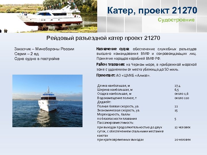 Катер, проект 21270 Судостроение Рейдовый разъездной катер проект 21270 Заказчик – Минобороны России Серия