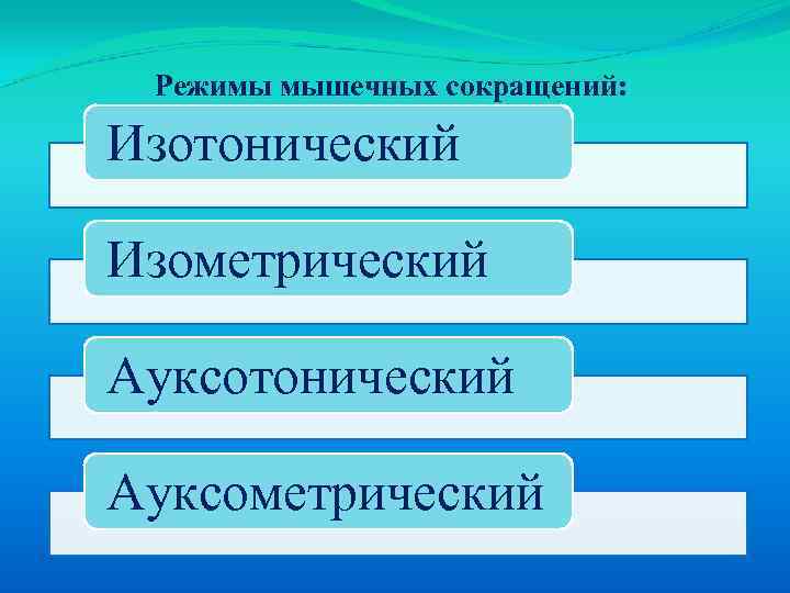 Режимы мышечных сокращений: Изотонический Изометрический Ауксотонический Ауксометрический 