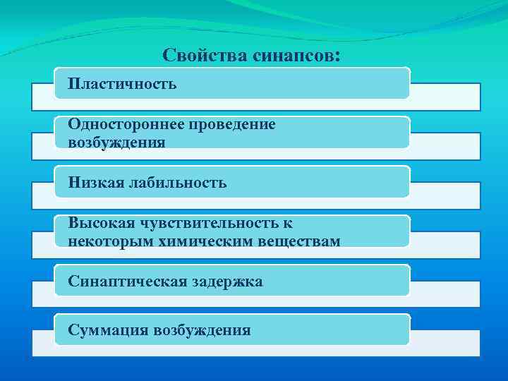 Свойства синапсов: Пластичность Одностороннее проведение возбуждения Низкая лабильность Высокая чувствительность к некоторым химическим веществам