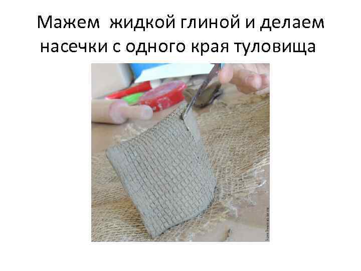 Мажем жидкой глиной и делаем насечки с одного края туловища 
