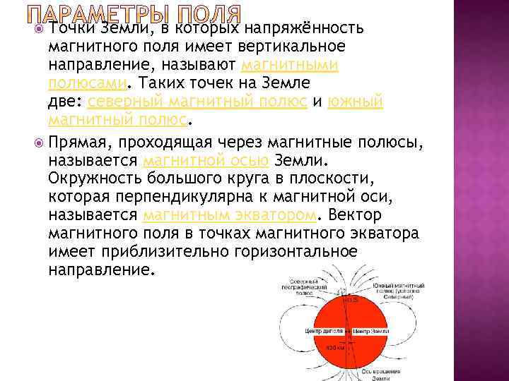 Точки Земли, в которых напряжённость магнитного поля имеет вертикальное направление, называют магнитными полюсами. Таких