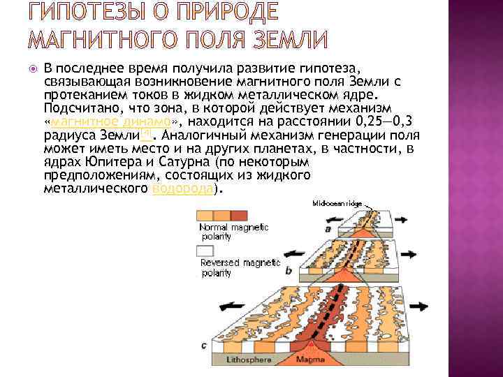  В последнее время получила развитие гипотеза, связывающая возникновение магнитного поля Земли с протеканием