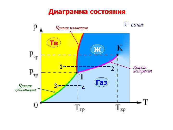 Диаграмма состояния V=const Кривая плавления Тв Ж 1 Кривая сублимации 3 2 4 Газ