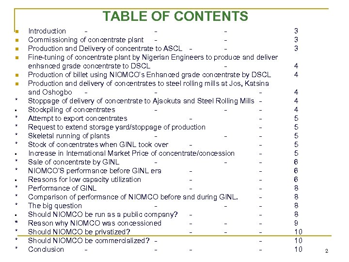 TABLE OF CONTENTS n n n * • * * * • * *