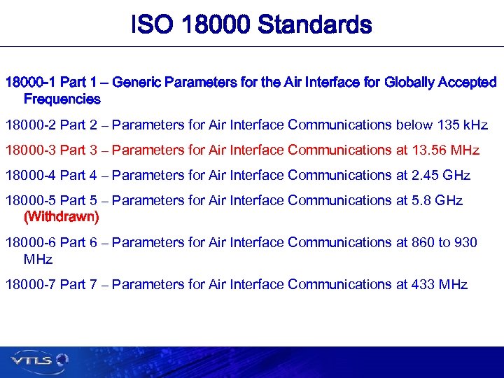 ISO 18000 Standards 18000 -1 Part 1 – Generic Parameters for the Air Interface