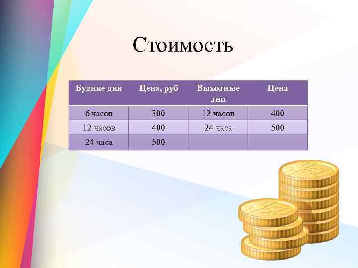 Стоимость Будние дни Цена, руб Выходные дни Цена 6 часов 300 12 часов 400